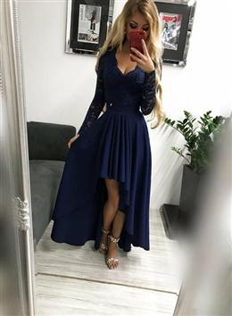 Picture of Navy Blue Chiffon and Lace High Low Wedding Party Dresses, Long Sleeves Formal Dresses